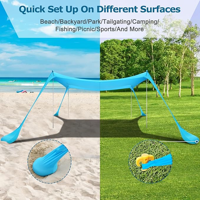 COMMOUDS Beach Tent Sun Shelter - UPF50+ Pop Up Beach Canopy with Sandbags &amp Sand Shovel &amp Windproof Poles Portable Sun Shade for Beach Camping Picnics Backyard