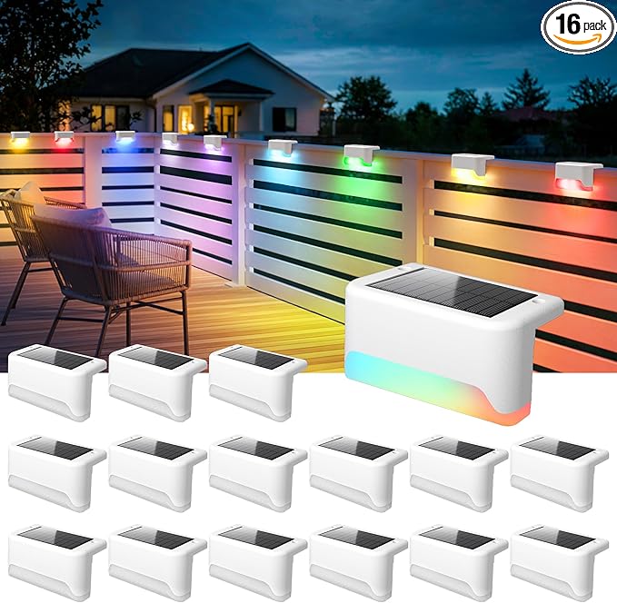 SOLPEX Solar Fence Lights Outdoor Solar Deck Lights Waterproof LED Step Light for Outside Stair Garden Patio Yard Railing Front Porch Balcony Decor(16 Pack RGB)