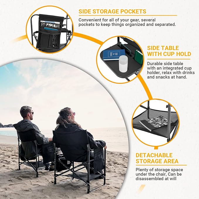 KingCamp Directors Chair with Side Table Folding Camping Chairs for Adults with Storage Pockets Breathable for Outside Camping Lawn Picnic Beach &amp Fishing (Black)