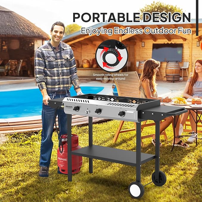 ROVSUN 3 Burner Outdoor Propane Gas Stove with Ignition Regulator &amp Side Shelves 225000 BTU Rolling Gas Stove Outdoor Cooker for Backyard Patio Cooking Home Camping Brewing Canning Turkey Fryin