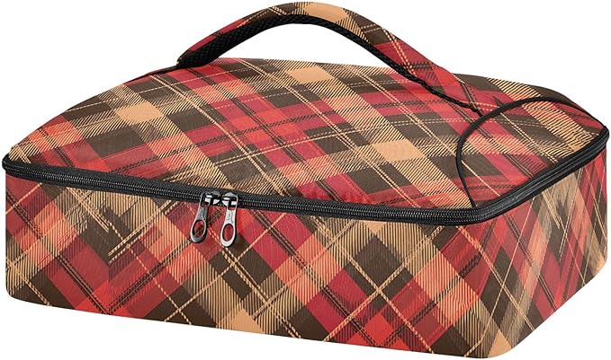 Casserole Carrier Print Red and Brown Tartan Pattern Insulated Casserole Carrier for Hot or Cold Food Thermal Lunch Tote for Parties Picnic Travel Carry Bag