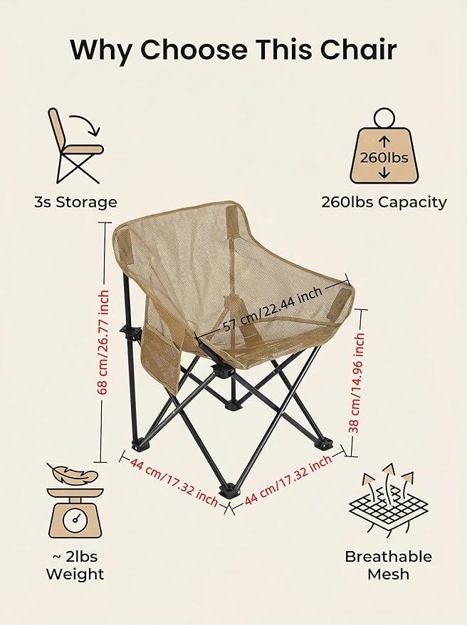 Breathable Outdoor Folding Chair Portable Ultra-Light Fishing Stool Beach Camping Moon Chair Armchair Art Sketch Chair (Mesh Khaki)