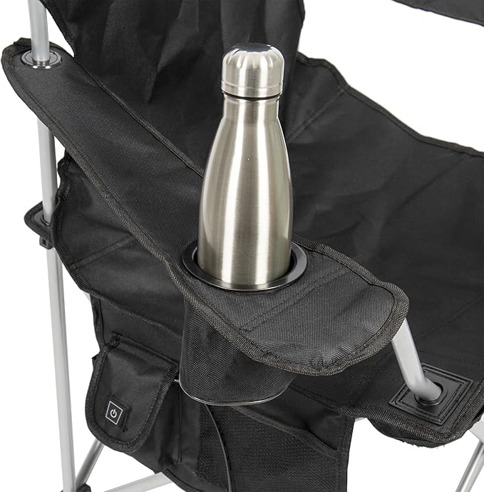 CAMP &amp GO Heated Deluxe Quad Camping Chair Folding Heated Chair with 18 USB Cable Storage Compartment and Cup Holders Black