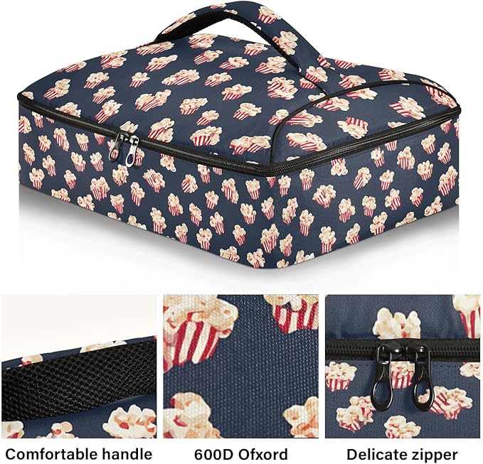 Casserole Carrier Pattern with Blue PopcornInsulated Casserole Carrier for Hot or Cold Food Thermal Lunch Tote for Potluck Parties Picnic Beach Fits 9 x 13 Inches Baking Dish