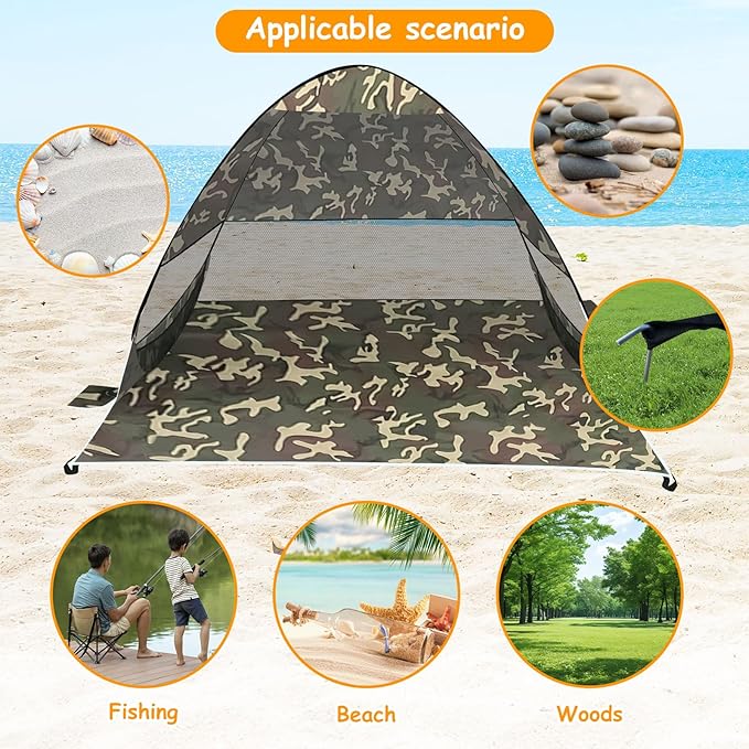 Beach Tent Sun Shelter Outdoor Tent for 1-4 Persons with Carrying Bag and 6 Ground Pegs for Family Outdoor Adventures Camping Picnics (Camouflage)
