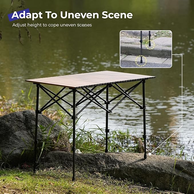 Camping Table Folding Portable Camp Aluminum Fold Up Lightweight Roll Up Table Adjustable Height with Carry Bag Indoor Outdoor for Camping Picnic Backyard BBQ Patio Wood Grain