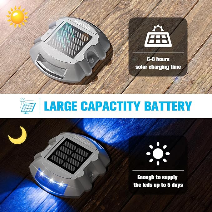 VOLISUN Solar Deck Lights Driveway Dock Lights 12-Pack Led IP68 Waterproof Outdoor Warning Step Lights for Driveway Sidewalk Garden Pathway Yard (Blue Auto On/Off