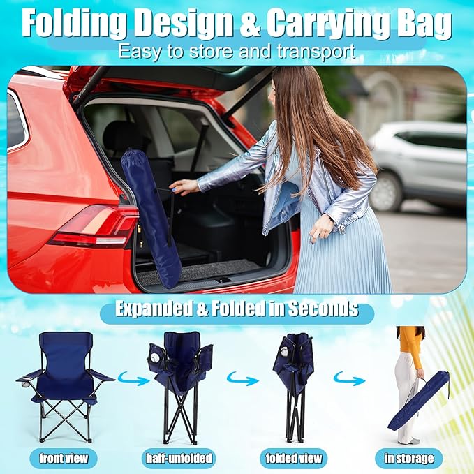 2 Sets Beach Chair with Umbrella Foldable Camping Chair Fold up Umbrella with Universal Clamp Large Portable for Outdoors Fishing Camping Hiking Travel Picnic Beach (Navy BlueGray)