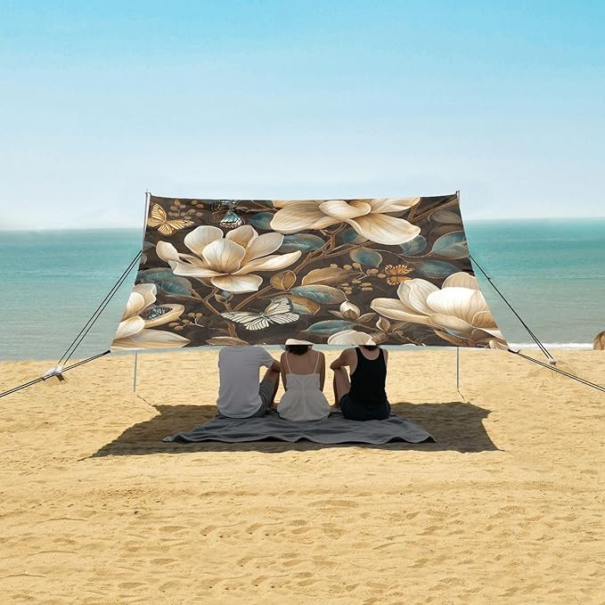 Magnolia Flowers Beach Tent Sun Shelter 9.2' x 10.5' Beach Canopy with 4 Sandbags 4 Stability Poles Sand Shovels - Tent Canopy for Beach Camping Fishing Picnics