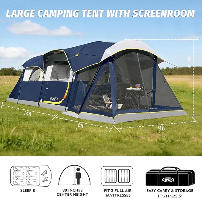 UNP Camping Tent 8 Person Waterproof Big Tunnel Tent with Screen PorchFamily Outdoor Large Tents for Camping 20' x 9' x 80in(H)