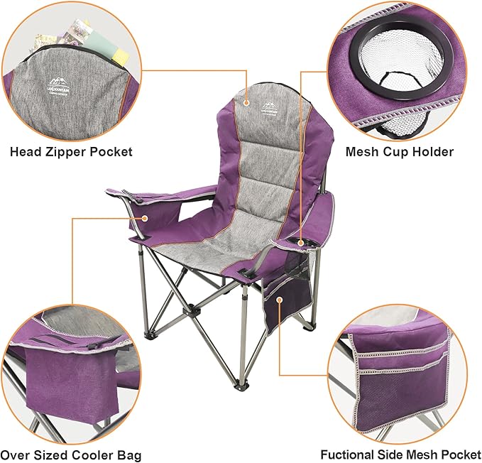 Camping Chairs for AdultsHigh Back Folding Camp Chair with Cup Holder and Cooler BagHeavy Duty Outdoor Lawn ChairsPerfect for CampingHikingPicnicsand Beach TripsPurple