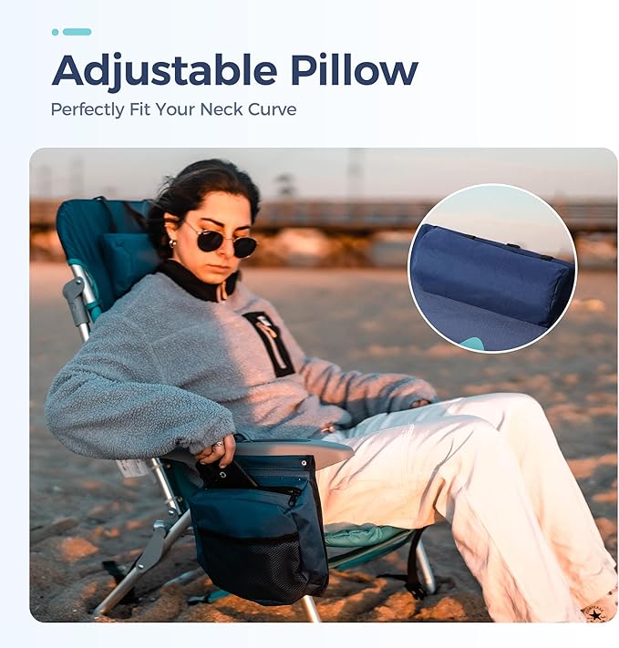LET'S CAMP Backpack Beach Chair Set of 2 4-Position Classic Lay Flat Pillow and Padded Shoulder Straps Storage Pouch and Towel Bar Support 250LBS Wave