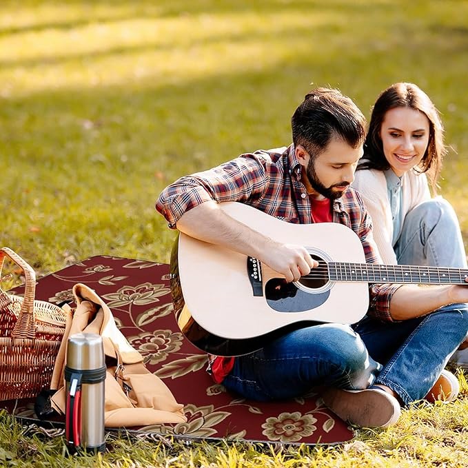 Flower Maroon Gold Floral Classy Burgundy Antique Waterproof Outdoor Picnic Blanket Sandproof Beach Mat for Camping Hiking Grass Travelling