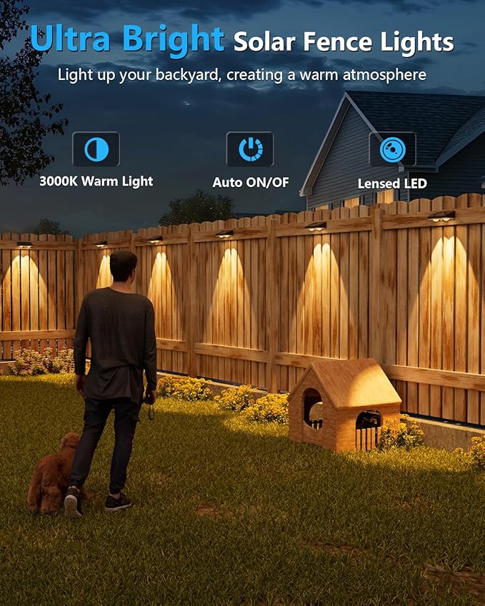 VOLISUN Solar Fence Lights 16 Pack Solar Powered Fence Lights Outdoor with Warm White LED Spot Lens IP65 Waterproof Solar Lights Outdoor for Patio Backyard Railing Deck（Black）