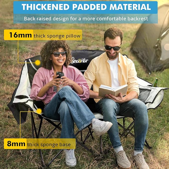 Double Camping Chair for Adults Outdoor Folding Chair with 2 Cooler Bags Support 500lbs Heavy Duty Camp Chair for Outdoor Sports Beach - Black&ampGrey