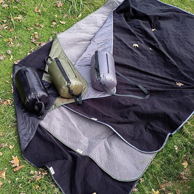 Large Outdoor Waterproof Blanket-Quilted Extra Thick Fleece Windproof Warm Includes Stuff Sack Shoulder Strap Machine Washable55x78-Grey