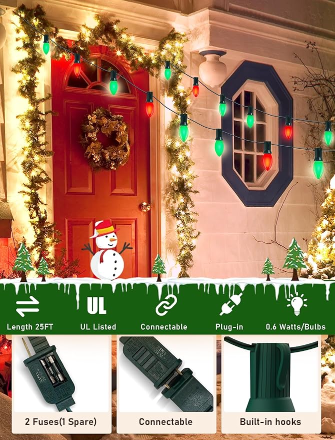 25Ft C9 LED Christmas Lights Outdoor C9 Red and Green Christmas String Lights with 26 LED Shatterproof Bulb Hanging Vintage Christmas Lights for Patio Xmas Tree Roofline Wedding Party Backyard Decor