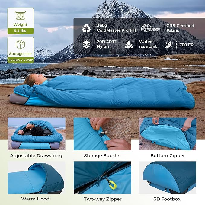 ATEPA Down Sleeping Bag for Adults Recycled Ultralight 35°F 40°F 45°F 50°F 650FP / 700FP 3 Season Compact Sleeping Bags with Compression Sack for Backpacking Camping Hiking Can Be Attached to Pad