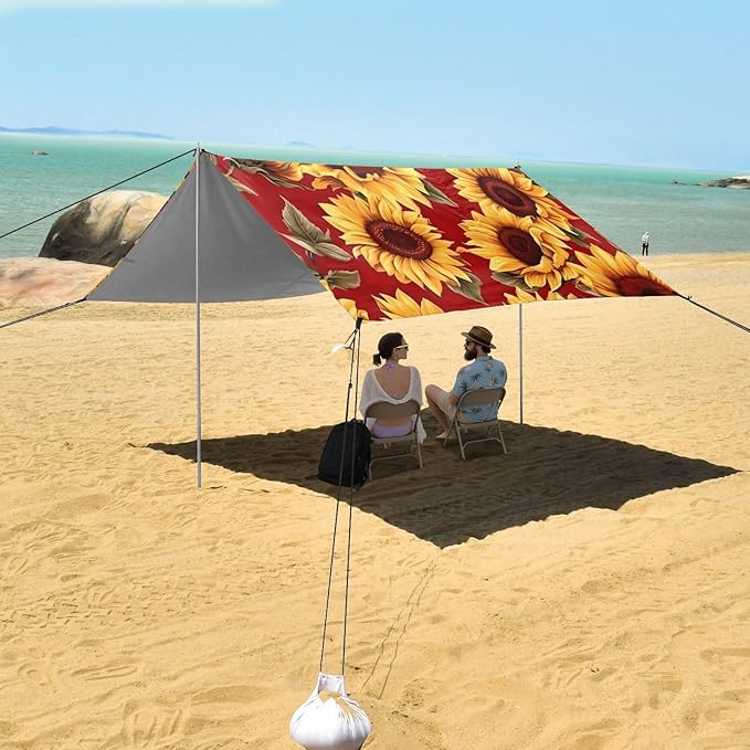 Sunflower Red Beach Tent Sun Shelter 9.2' x 10.5' Beach Canopy with 4 Sandbags 4 Stability Poles Sand Shovels - Tent Canopy for Beach Camping Fishing Picnics