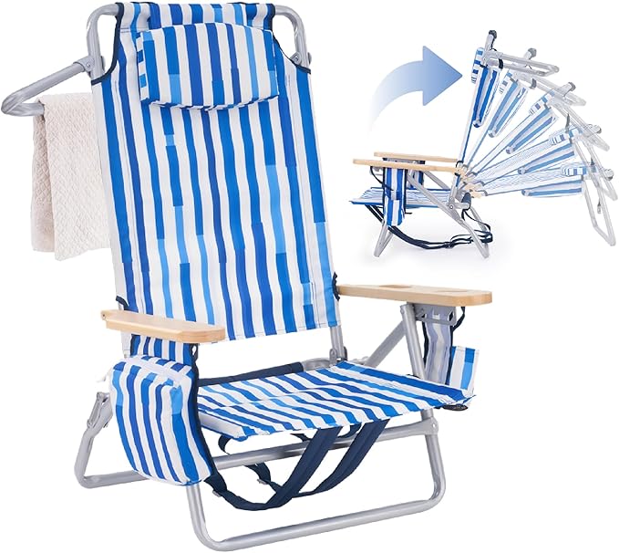 Low Profile Reclining Beach Chair for Adults Supports 300lbs| Oversized Backpack Beach Chair with 5 Adjustable Positions for Outdoor Concert Travel Festival Camping