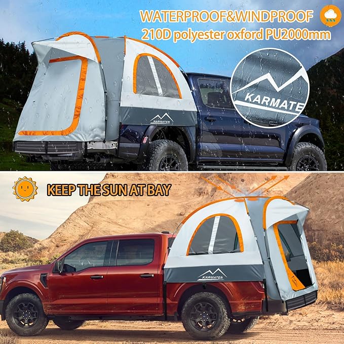 Pickup Truck Tent Waterproof PU2000mm for Camping 5.5-6 Ft Bed2-Person Sleeping with Double Layer Design Windows Portable Overland Tent Expandable Triangle Sunshade Awning