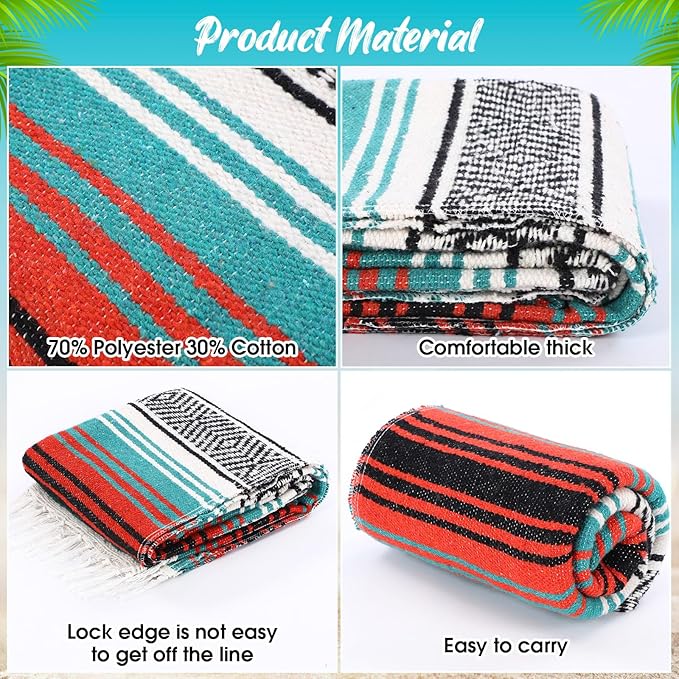 Peryiter 9 Pcs Mexican Blanket Bulk Large Yoga Blanket Striped Falsa with Fringed for Outdoor Beach Picnic Couch 45 x 70 inch (Green Colors)