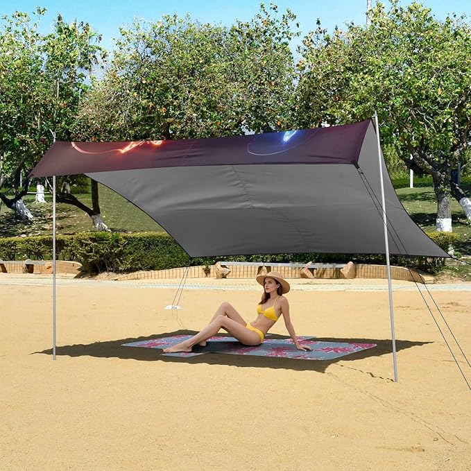 Neon Butterfly Beach Tent Sun Shelter 9.2' x 10.5' Beach Canopy with 4 Sandbags 4 Stability Poles Sand Shovels - Tent Canopy for Beach Camping Fishing Picnics
