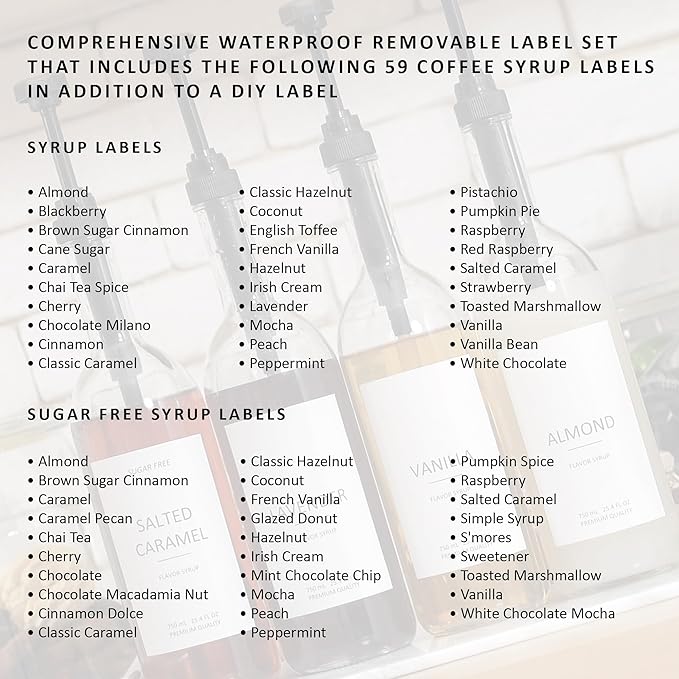 Demi's Home 25.4 oz 750 ml Glass Coffee Syrup Dispenser for Coffee Bar - 4 Pack - Comprehensive Label Set &amp ¼ oz Pumps Included