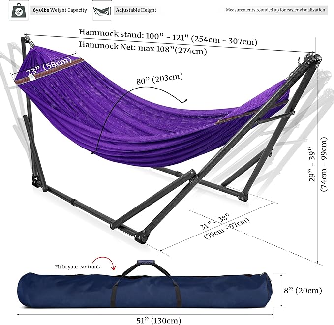 Tranquillo Universal Double Hammock with Stand Included for 2 Persons/Foldable Hammock Stand 600 lbs Capacity Portable Case - Inhouse Outdoor Camping Purple