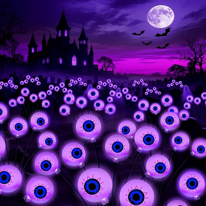 Purple Halloween Decorations Outdoor 8 Pack 48 LED Solar Scary Eyeball Swaying Lights Purple Solar Firefly Light Waterproof Outdoor Garden Lights for Halloween Yard Garden Lawn Party Flower Bed