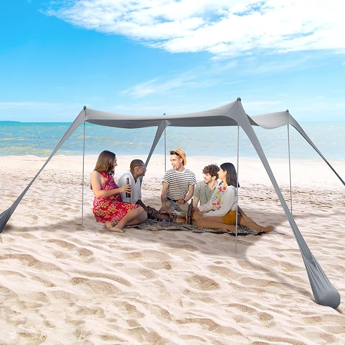 BOTINDO Family Beach Tent Canopy Sun Shade Pop Up Grande Beach Tent Sun Shelter Stability 4 Poles with Portable Carry Bag Outdoor Shade for Fishing Backyard Camping