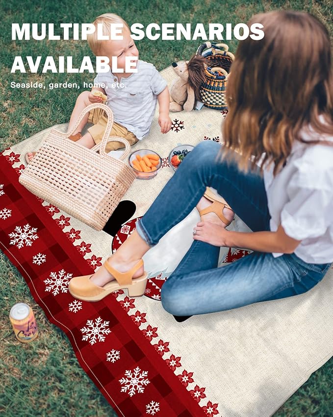 Beach Blanket Waterproof Sandproof Christmas Snowflake Cute Dwarf Red Buffalo Check Quick Drying Beach Mat with 4 Stakes Winter Flower Lightweight Picnic Blanket for Travel Camping 118x108