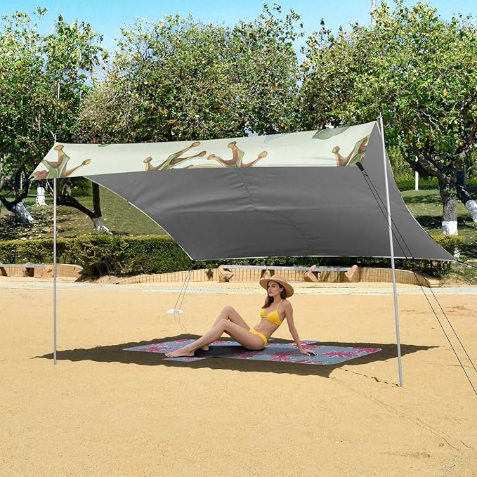 Cute Frog Pattern Beach Tent Sun Shelter 9.2' x 10.5' Beach Canopy with 4 Sandbags 4 Stability Poles Sand Shovels - Tent Canopy for Beach Camping Fishing Picnics
