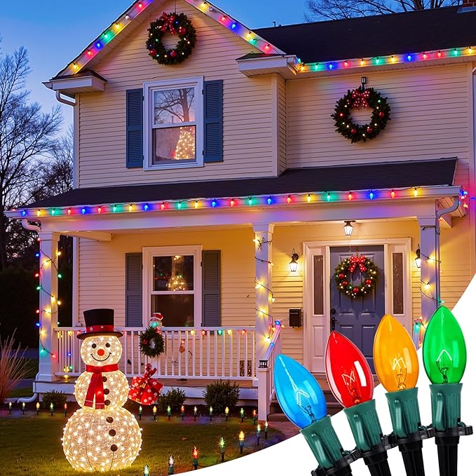 Christmas Pathway Lights Outdoor 102.8 Ft Driveway Christmas Lights with 80 Multicolor Bulbs and Stakes Connectable Outdoor Decorations Yard Walkway Sidewalk Holiday Multicolor