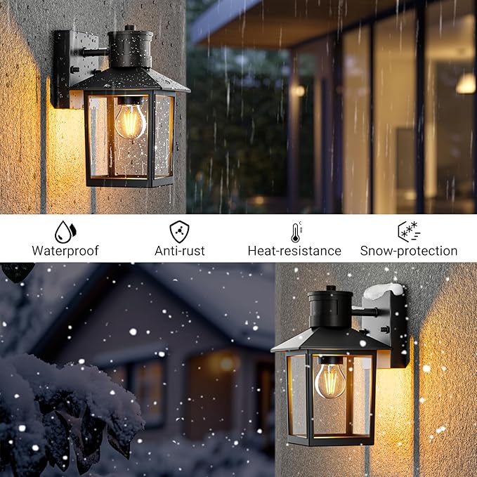 Woolmug 2 Pack Motion Sensor Outdoor Wall Light Fixtures Dusk to Dawn Porch Lights 2 Modes Black Exterior Wall Sconce Lamp with Clear Glass for Patio House Garage Bulbs Not Included