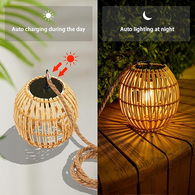Livinlarge Hanging Solar Lantern Outdoor Waterproof Large Solar Rattan Lantern Outdoor with Twine Handle Bright Outdoors Hanging Lights with Edison Bulb for Garden Patio Yard Decoration