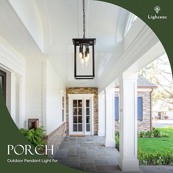 10 Modern 4-Light Exterior Black Square Lantern Pendant Light Fixture with Clear Glass Industrial Hanging Cage Chandelier for Outdoor Porch Kitchen Island Dining Room Hallway Entryway Foyer