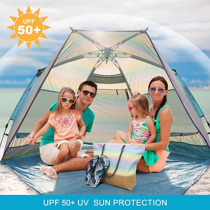 Beach Tent Sun Shelter for 4-6 Person - Pop Up Beach Tent UPF 50＋ UV Protection Lightweight and Easy Setup Cabana Extendable Floor with 3 Ventilating Windows Carrying Bag