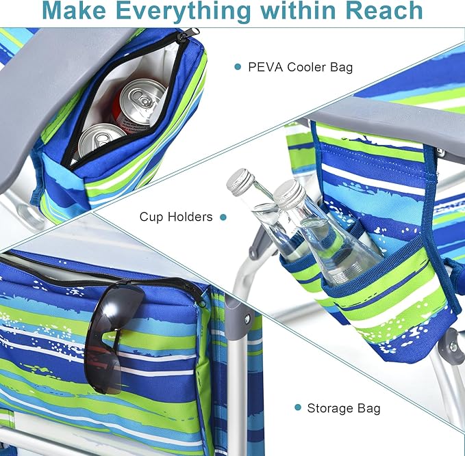 GYMAX Beach Chairs Backpack Camping Chair with Armrest Cooler Bag Cup Holder Towel Bar &amp Side Pockets Sunbath Sling Tanning Lounge Folding Layout Chair (Without Table Blue Stripe)