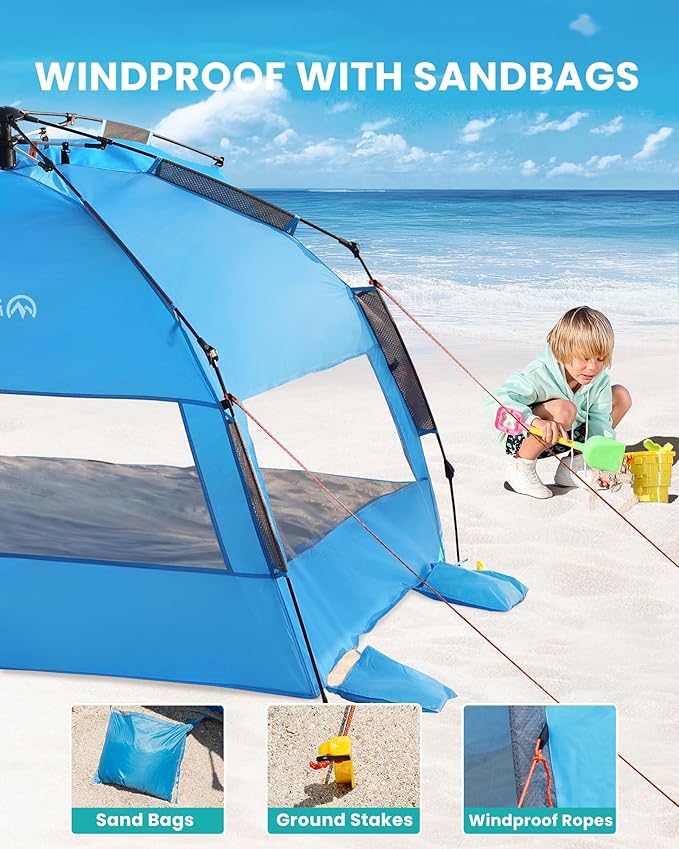 OutdoorMaster Beach Tent Sun Shelter for 3-4 Person Pop Up Beach Tent Easy Setup with Sandbags Portable Sun Shade Canopy with Carrying Bag for Beach &amp Outdoor UPF50+ UV Protection Family Size