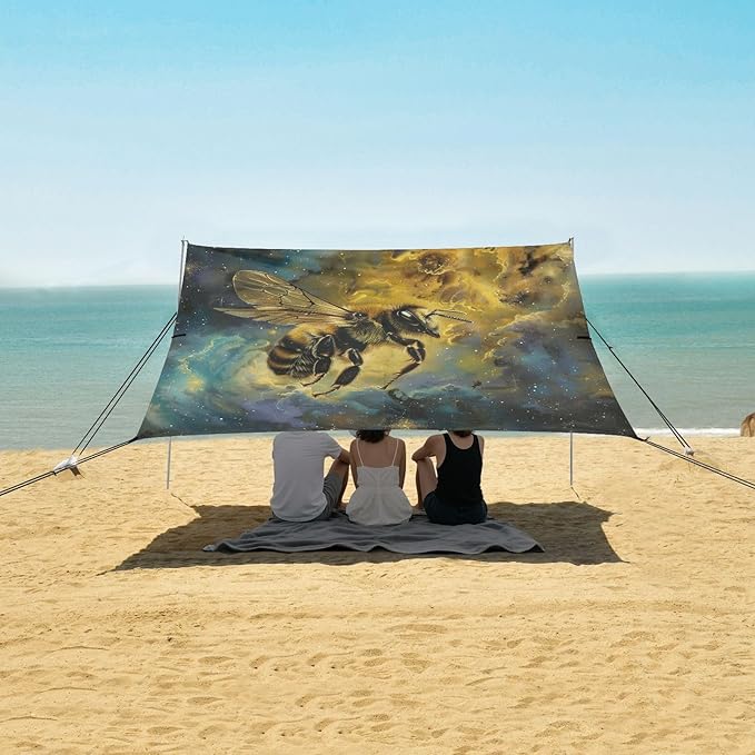 ALAZA Bee Nebula Starry Sky Beach Tent Sun Shelter UPF50+ Protection Beach Shade Canopy w/ 4 Sandbags for Outdoor Camping Fishing Backyard Fun Picnic 10x9 ft