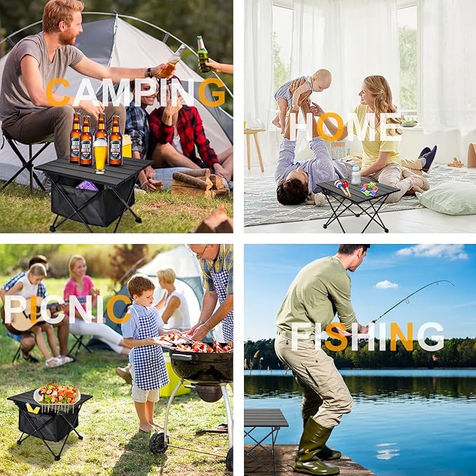 Foldable Camping Side Table Ultralight Small Beach Aluminum Portable Outdoor Table with Carry Bag and Storage for Picnic Grill Hiking Fishing Sand Camping Black