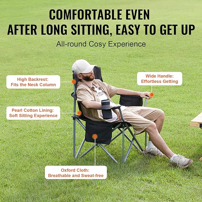 VEVOR Oversized Camping Folding Chair Portable Heavy Duty Outdoor Quad Lumbar Back Padded with Side Pockets Cup Holder and Cooler Bag for Beach Lawn Picnic Fishing Backpacking Black