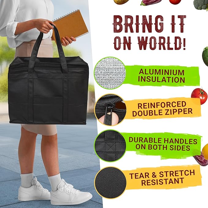 Black Insulated Food Delivery Bag. Insulated Grocery Bags with Zippered Top. Foldable Catering Bag for Food Deliveries. Heavy Duty Cold Bags for Groceries