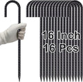 VVOKGO Rebar Stakes 16 Inches J Hook Heavy Duty Chain Link Fence Stakes 16 Pcs Metal Long Tent Spikes Ground Anchors for Wire Fencing Dogs Digging Camping Tents Swings Greenhouse Black