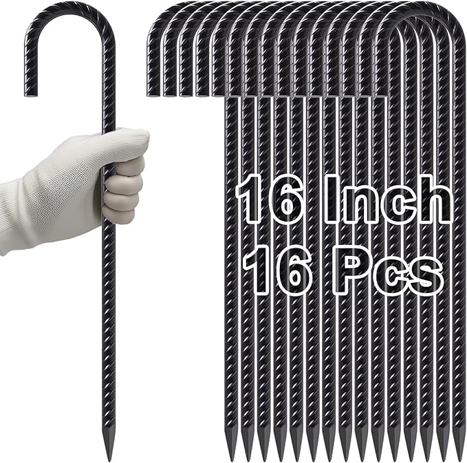 VVOKGO Rebar Stakes 16 Inches J Hook Heavy Duty Chain Link Fence Stakes 16 Pcs Metal Long Tent Spikes Ground Anchors for Wire Fencing Dogs Digging Camping Tents Swings Greenhouse Black