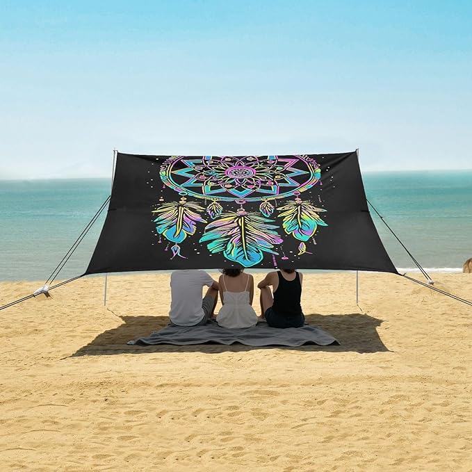 ALAZA Rainbow Dreamcatcher Bohemian Beach Tent Sun Shelter UPF50+ Protection Beach Shade Canopy w/ 4 Sandbags for Outdoor Camping Fishing Backyard Fun Picnic 10x9 ft
