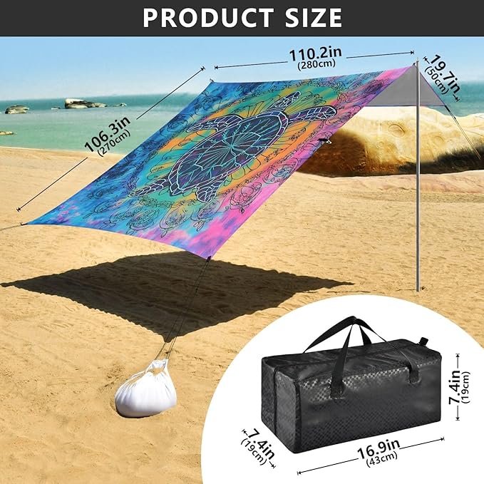 Beach Tent Sun Shelter Tie-dye Mandala Turtle Lightweight &amp Easy Setup Beach Shade Canopy for Camping Fishing