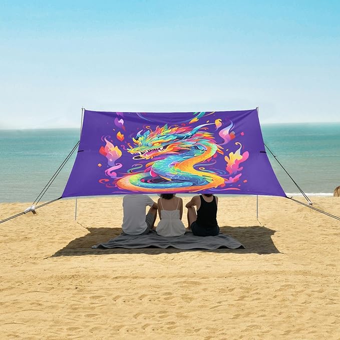 ALAZA Rainbow Dragon Beach Tent Sun Shelter UPF50+ Protection Beach Shade Canopy w/ 4 Sandbags for Outdoor Camping Fishing Backyard Fun Picnic 10x9 ft