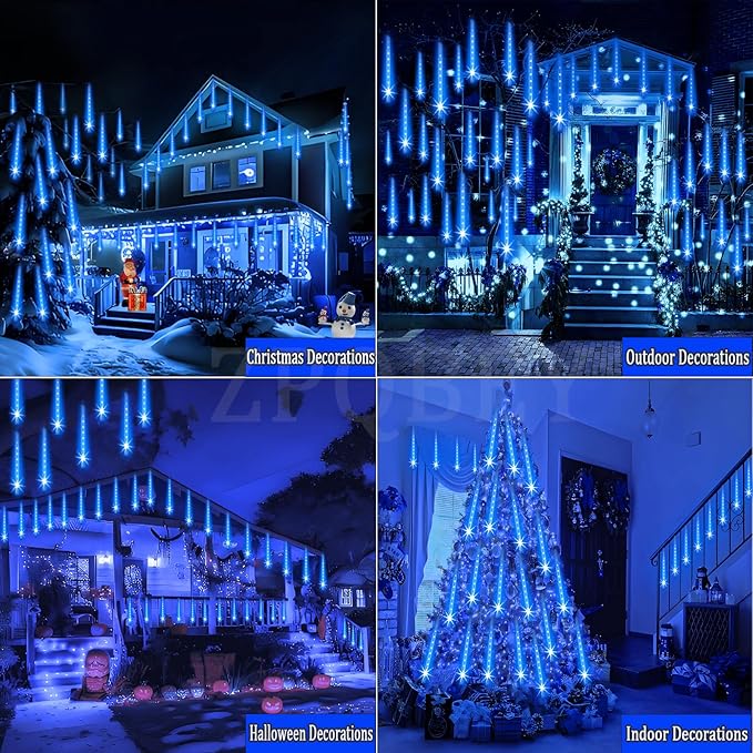 Christmas Lights Outdoor Meteor Shower Lights 24-Tube 576LEDs Snow Falling Rain Cascading Icicle Light for Xmas Tree Christmas Decorations Wedding Party Holiday Garden Decor UL Plug Blue